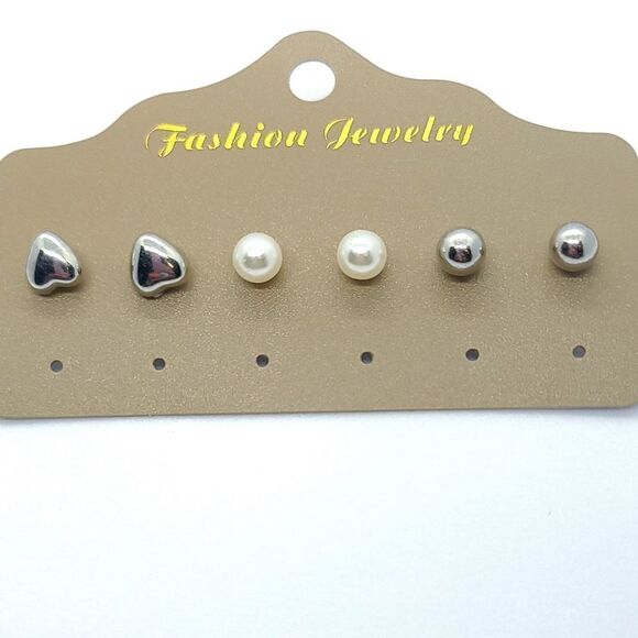 Set/3 Pair Silver Stud Earrings Puffy Heart/Pearl/Round Ball Boho Simple Jewelry - Picture 2 of 3